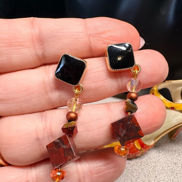Elegant Black and Brown Dangle earrings/Red  jasper - Picture 7 of 8
